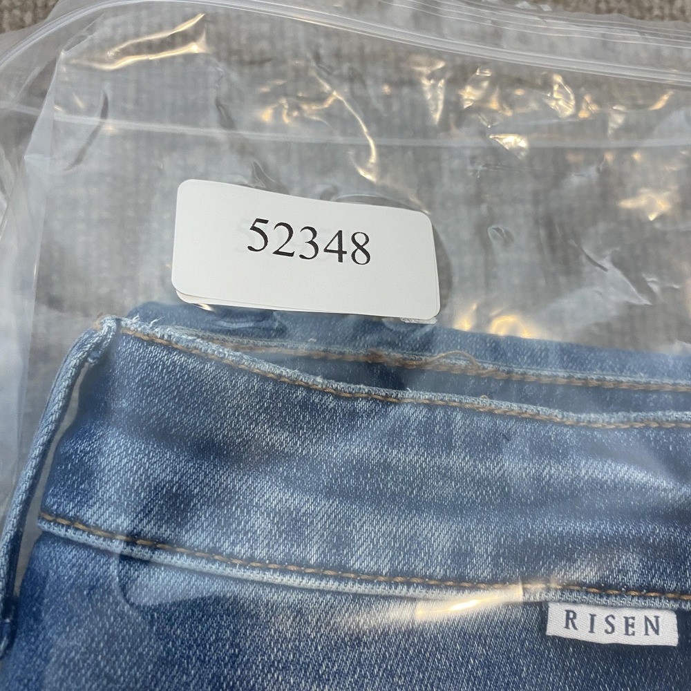Risen Flare Jeans Womens 7/28 Blue Med Wash Mid Rise Distressed Fringe Hem - Picture 13 of 13